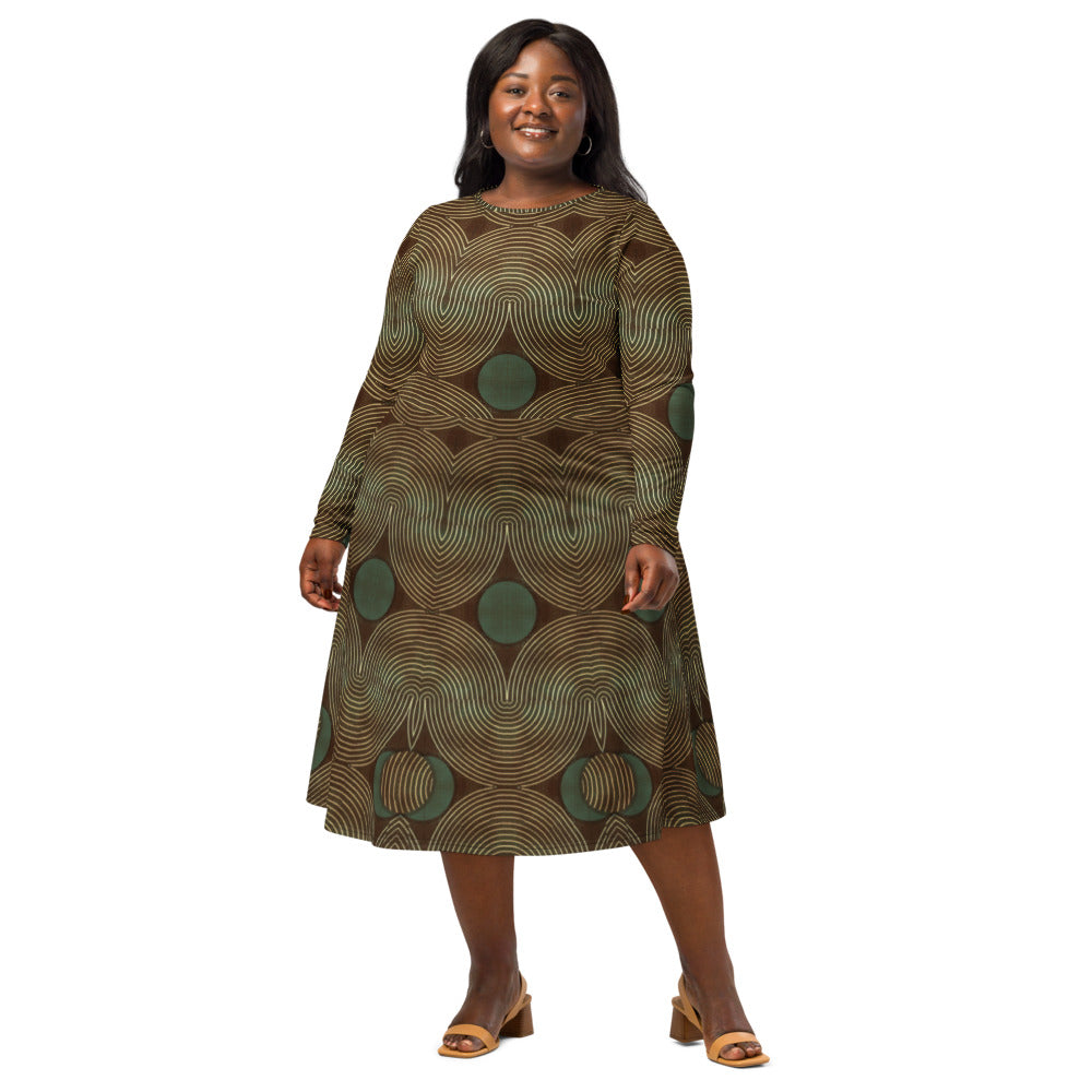 All-over print long sleeve midi dress 345Ckl3
