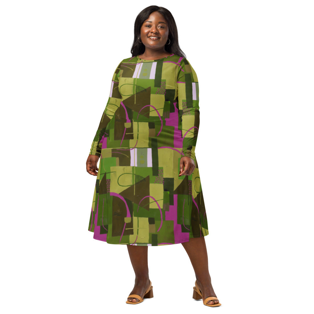 All-over print long sleeve midi dress 346kl2