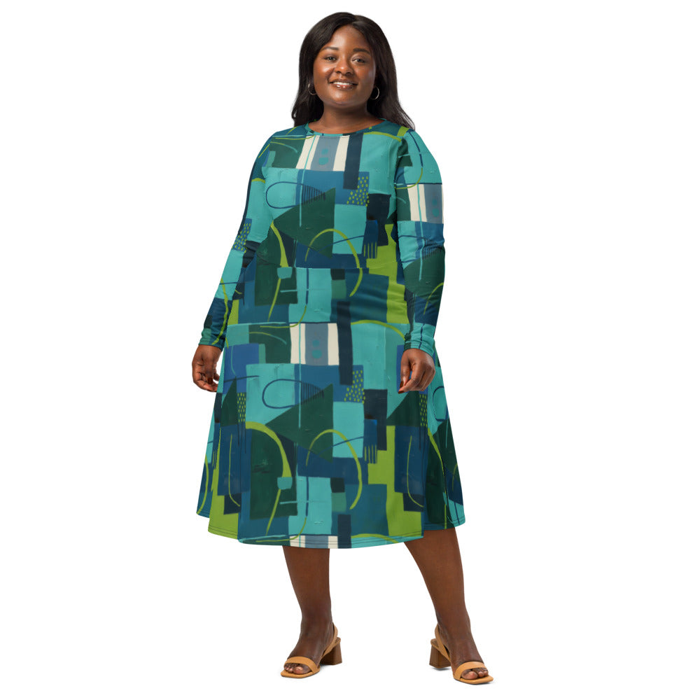 All-over print long sleeve midi dress 346kl1