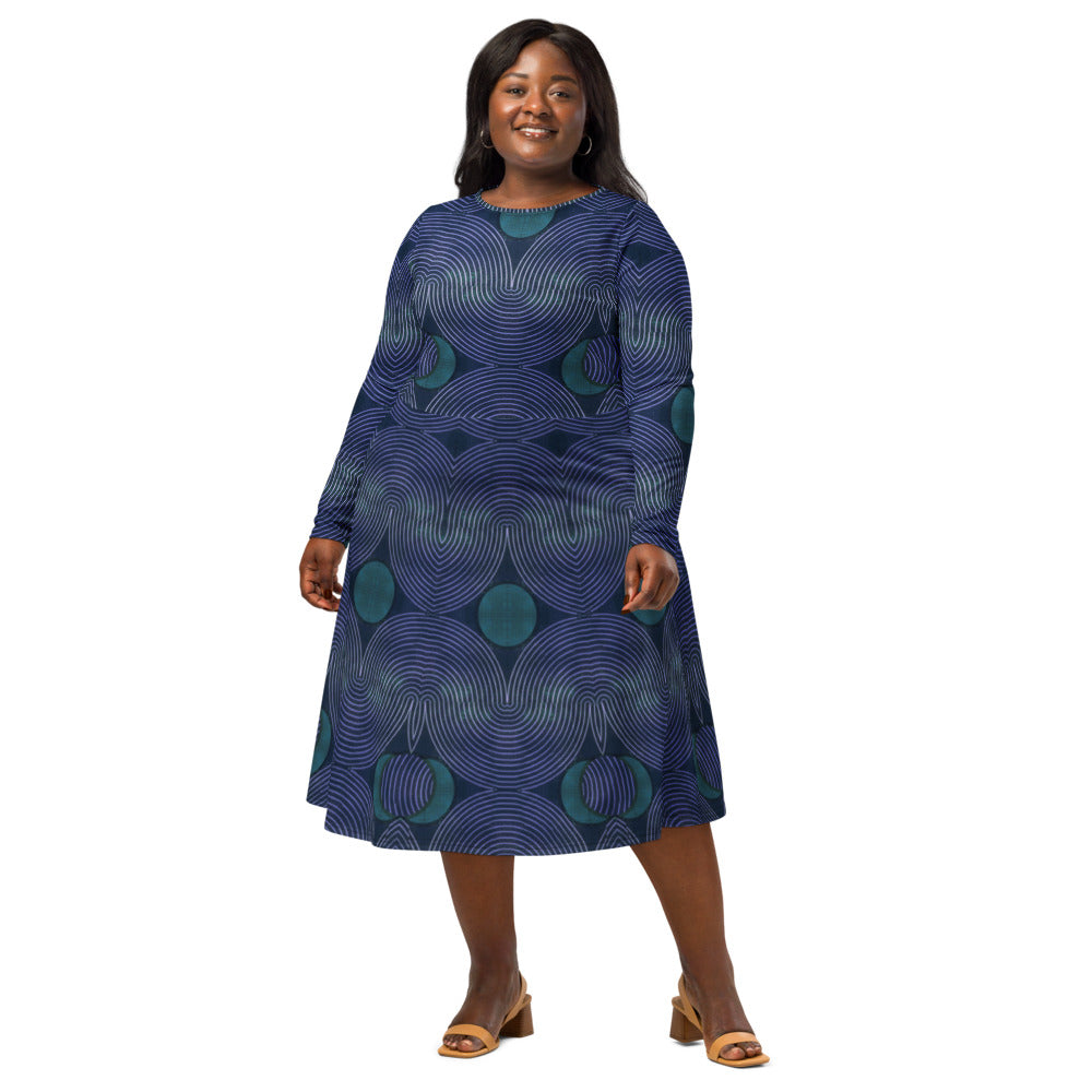 All-over print long sleeve midi dress 345Ckl4