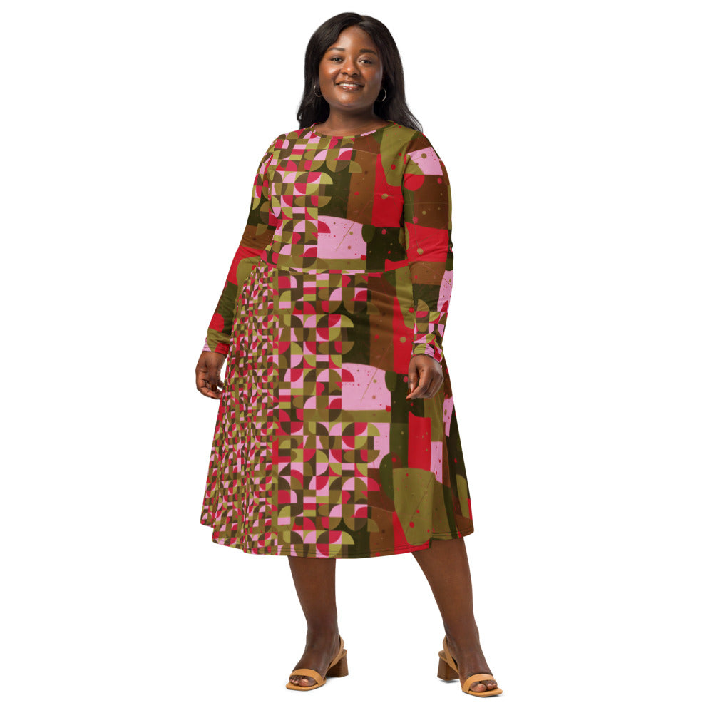 All-over print long sleeve midi dress 347Bkl4