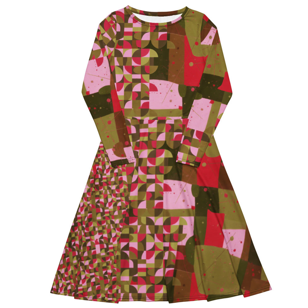 All-over print long sleeve midi dress 347Bkl4