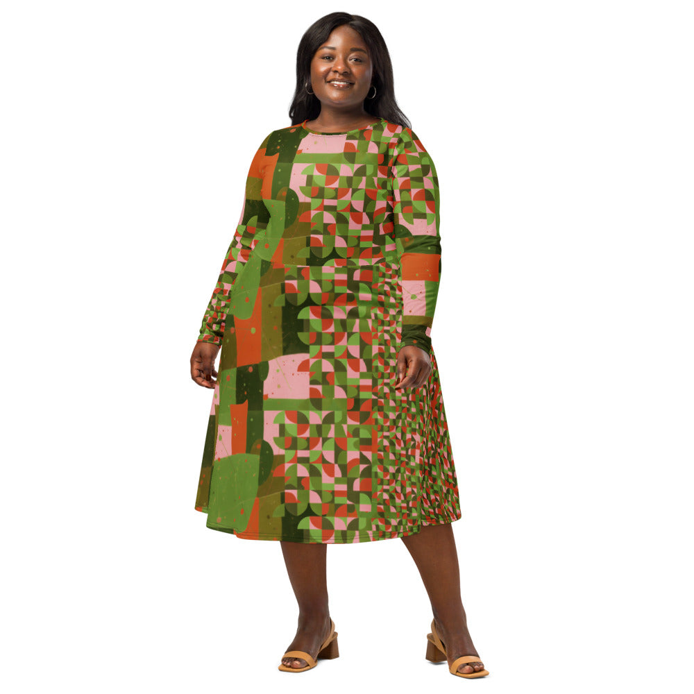 All-over print long sleeve midi dress 347Bkl6