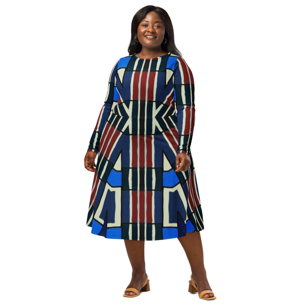All-over print long sleeve midi dress 349Dkl3