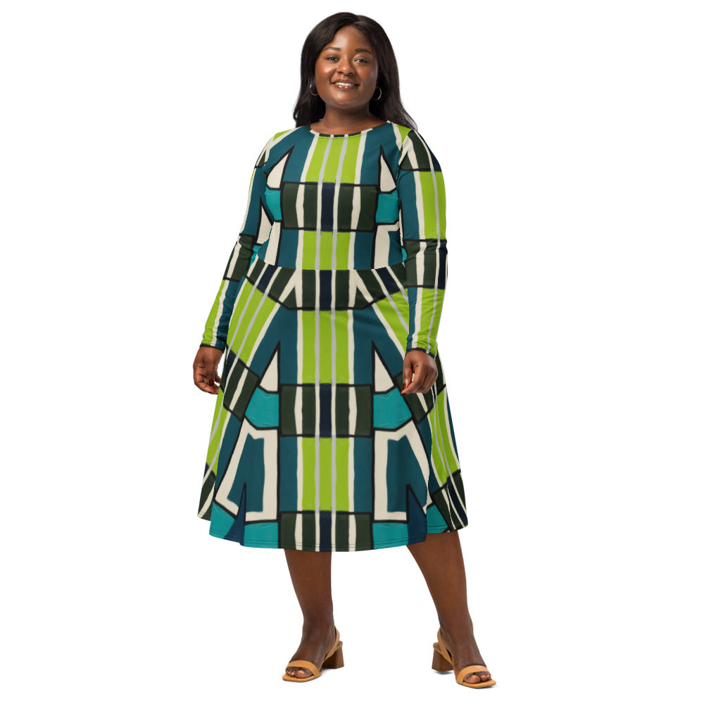 All-over print long sleeve midi dress 349Dkl1