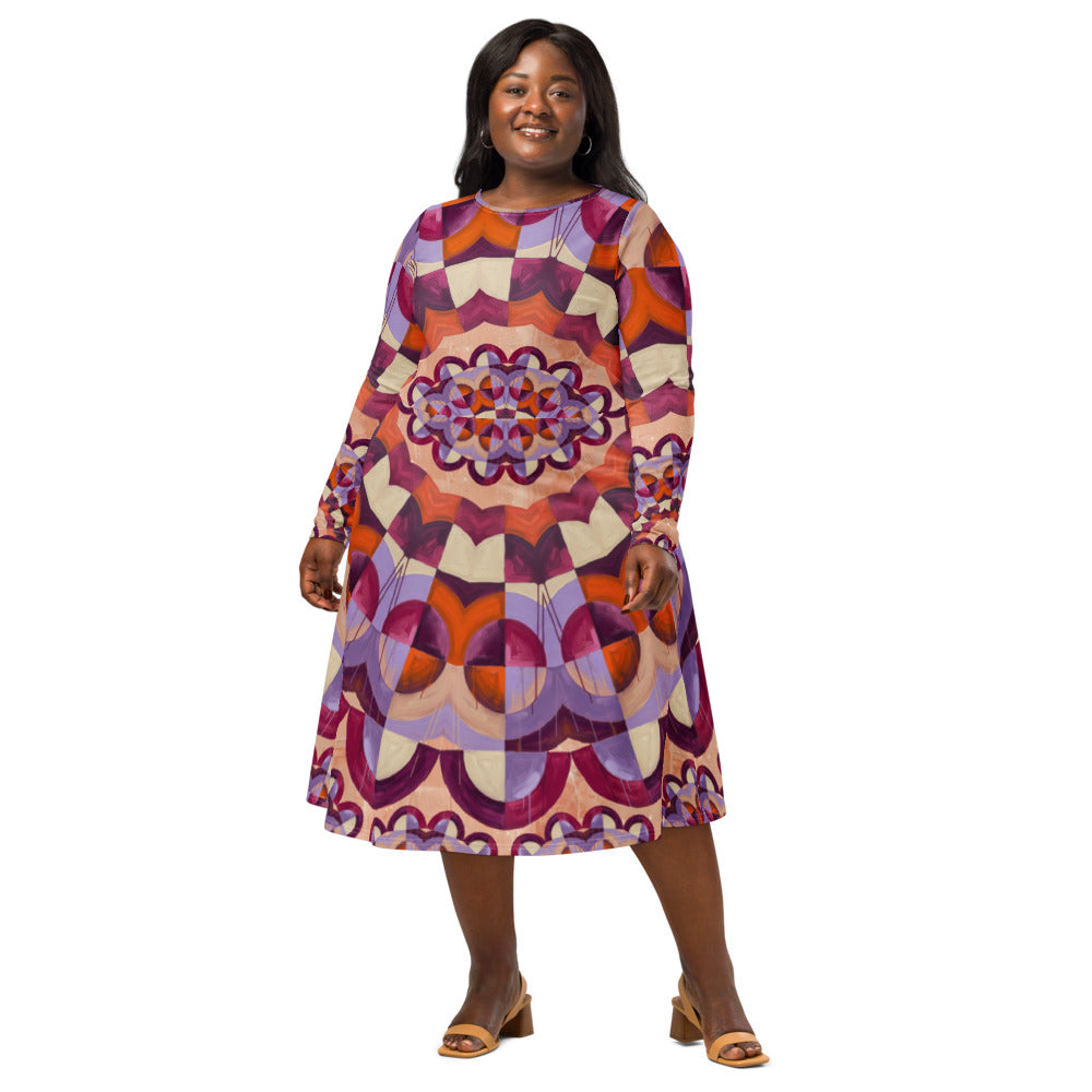 All-over print long sleeve midi dress 350kl1