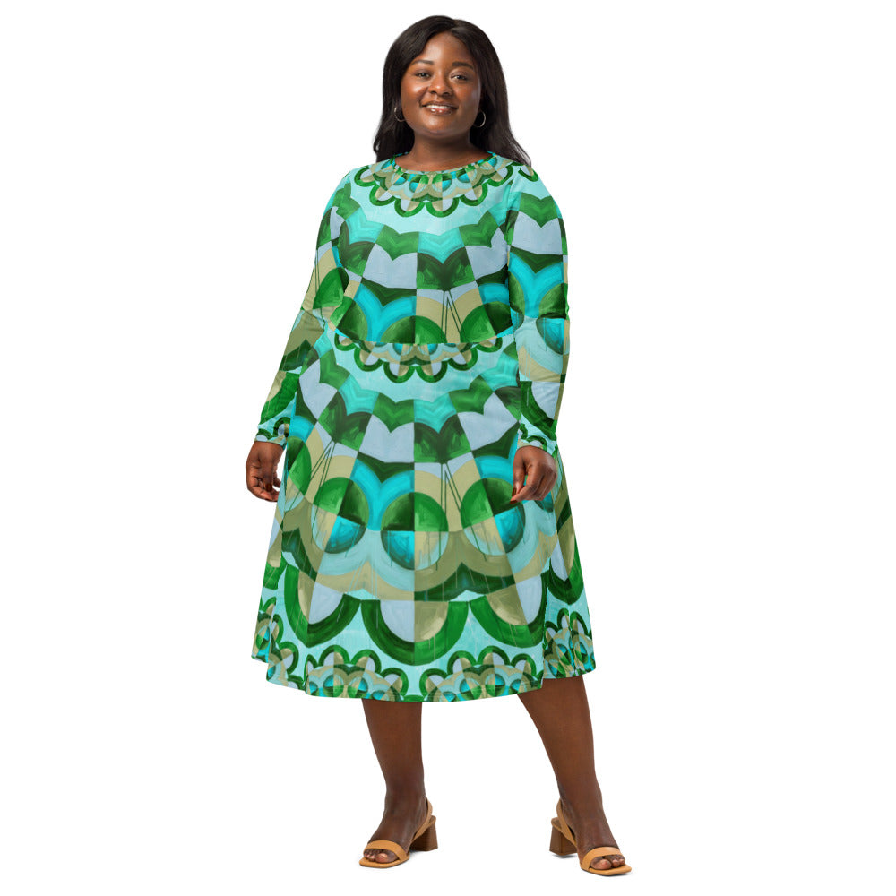 All-over print long sleeve midi dress 350kl2