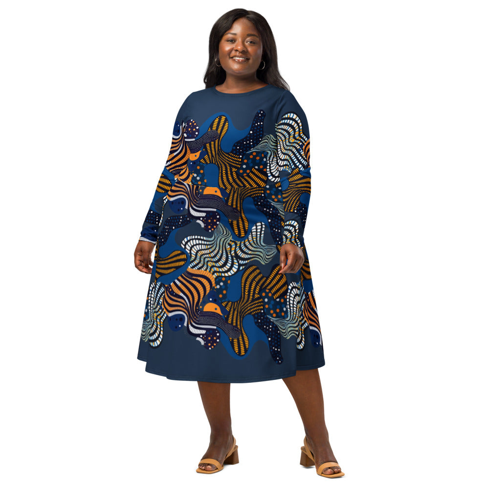 All-over print long sleeve midi dress 357Fkl1