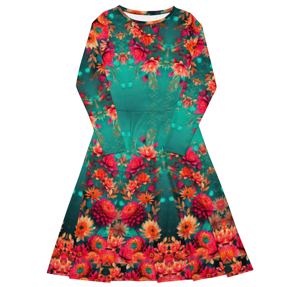 All-over print long sleeve midi dress  360kl1b