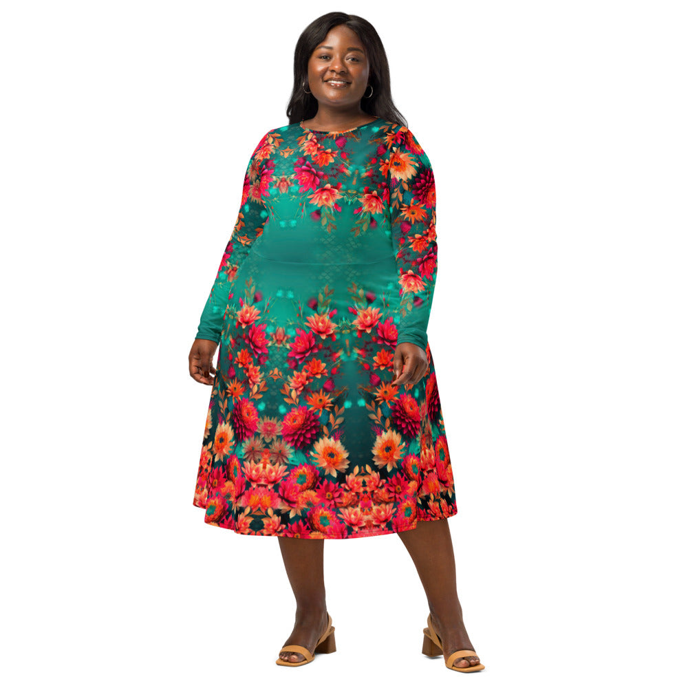 All-over print long sleeve midi dress  360kl1b