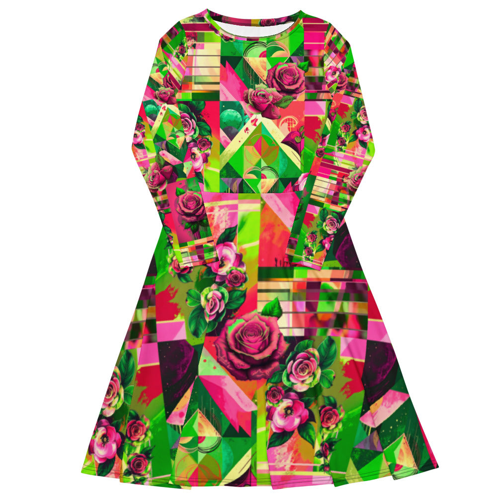 All-over print long sleeve midi dress 363C