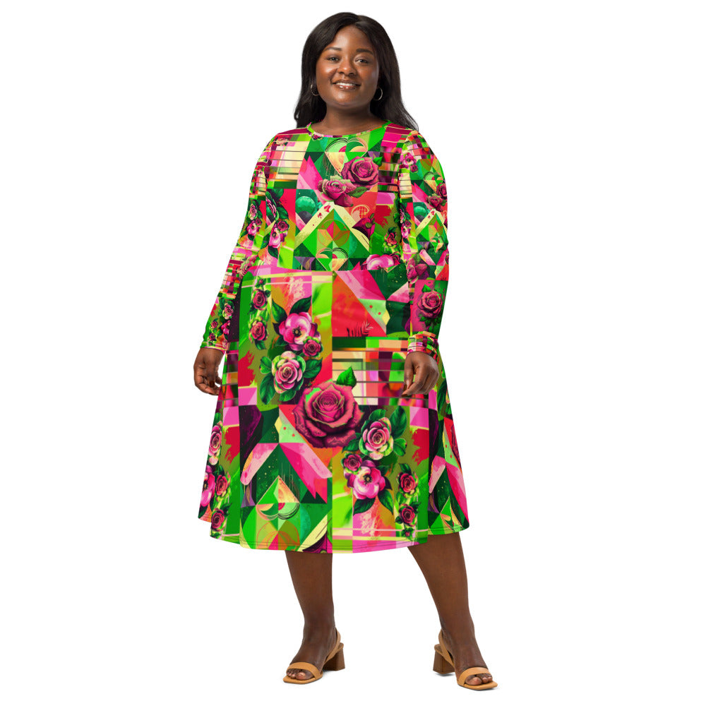 All-over print long sleeve midi dress 363C