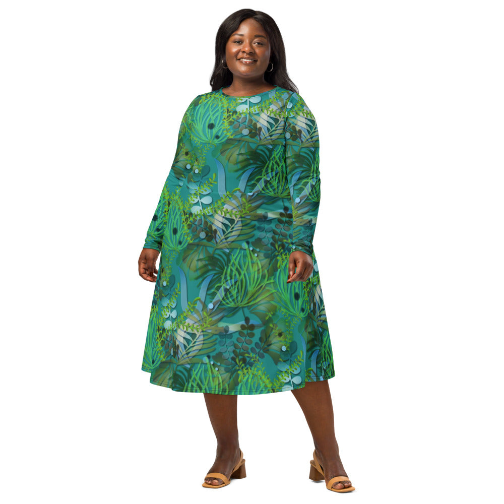 All-over print long sleeve midi dress 366Bkl1