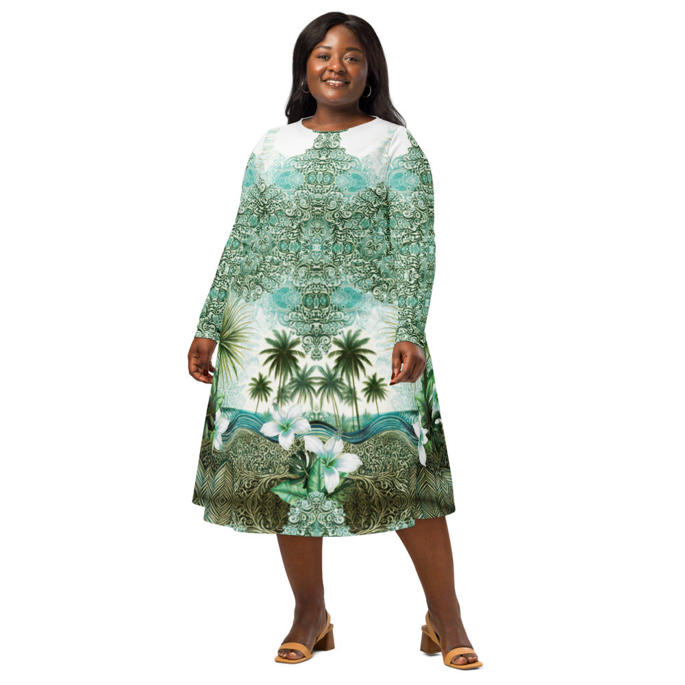 All-over print long sleeve midi dress 365Bkl5