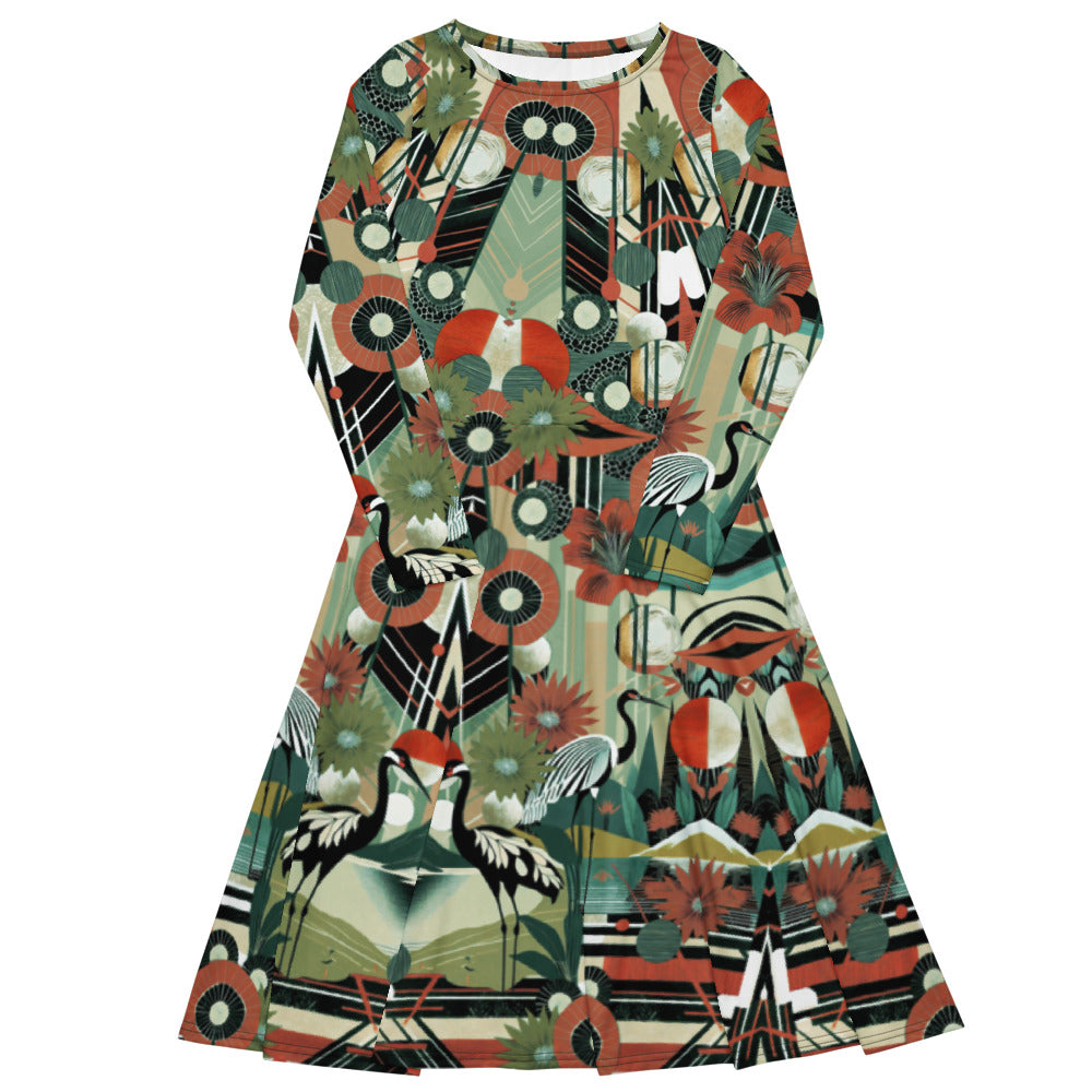 All-over print long sleeve midi dress 45oudCkl4