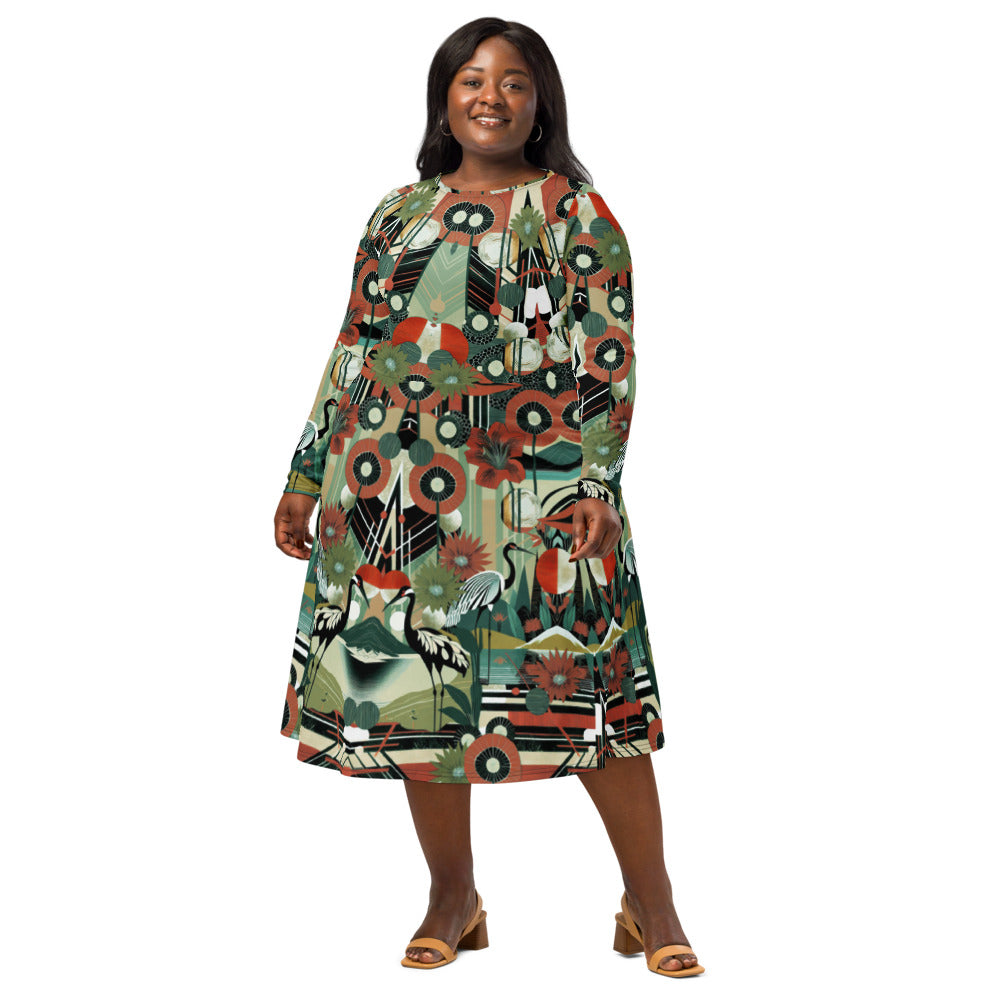 All-over print long sleeve midi dress 45oudCkl4
