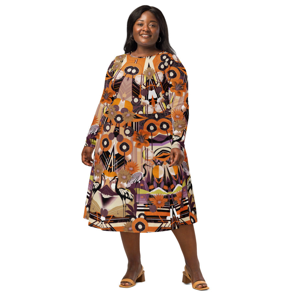 All-over print long sleeve midi dress 45oudCkl2