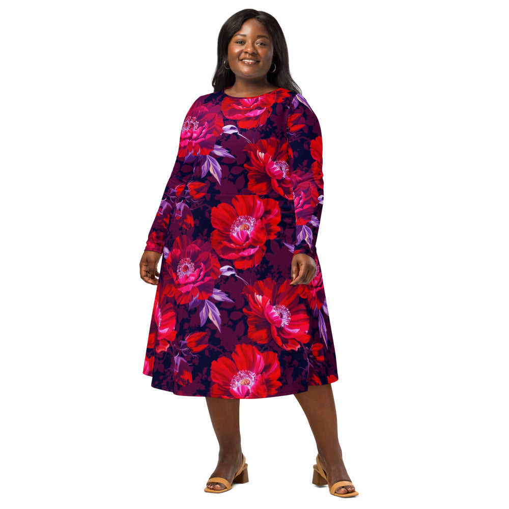 All-over print long sleeve midi dress 371Bkl2