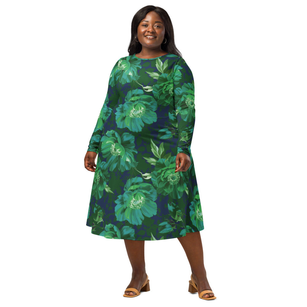 All-over print long sleeve midi dress 371Bkl3
