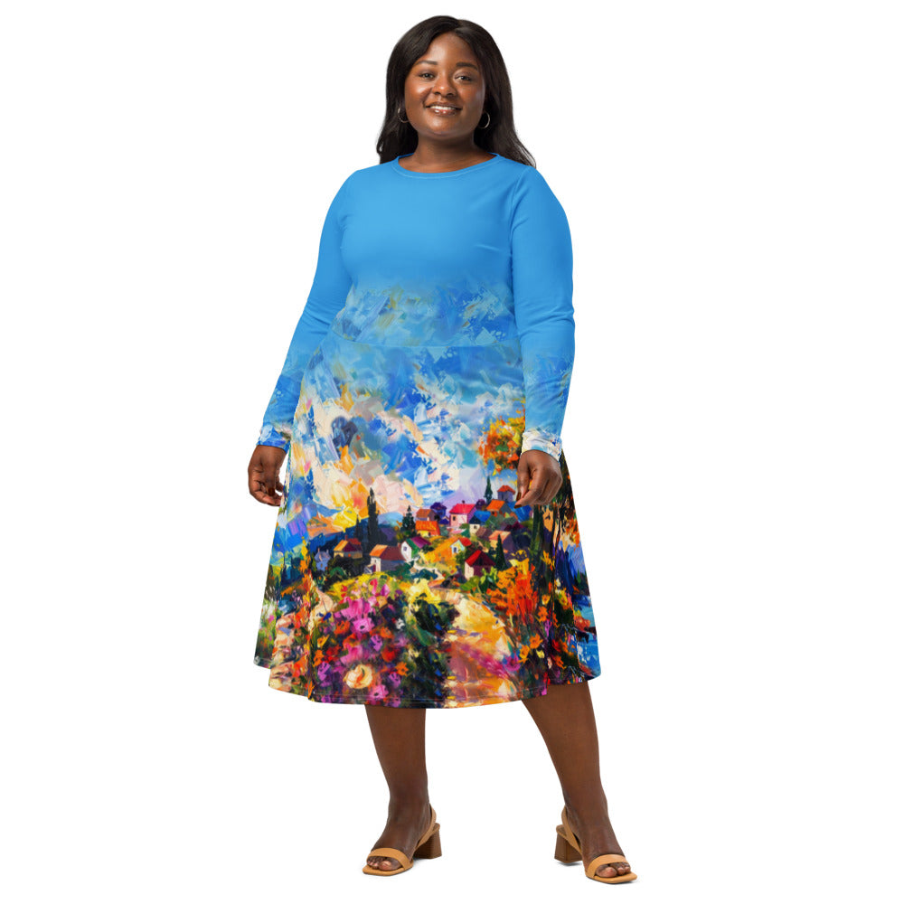 All-over print long sleeve midi dress 374Ckl1