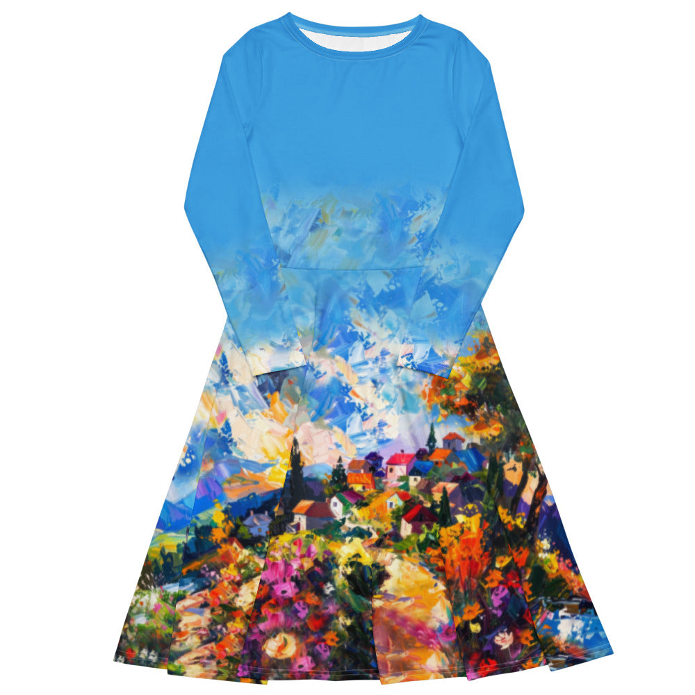 All-over print long sleeve midi dress 374Ckl1