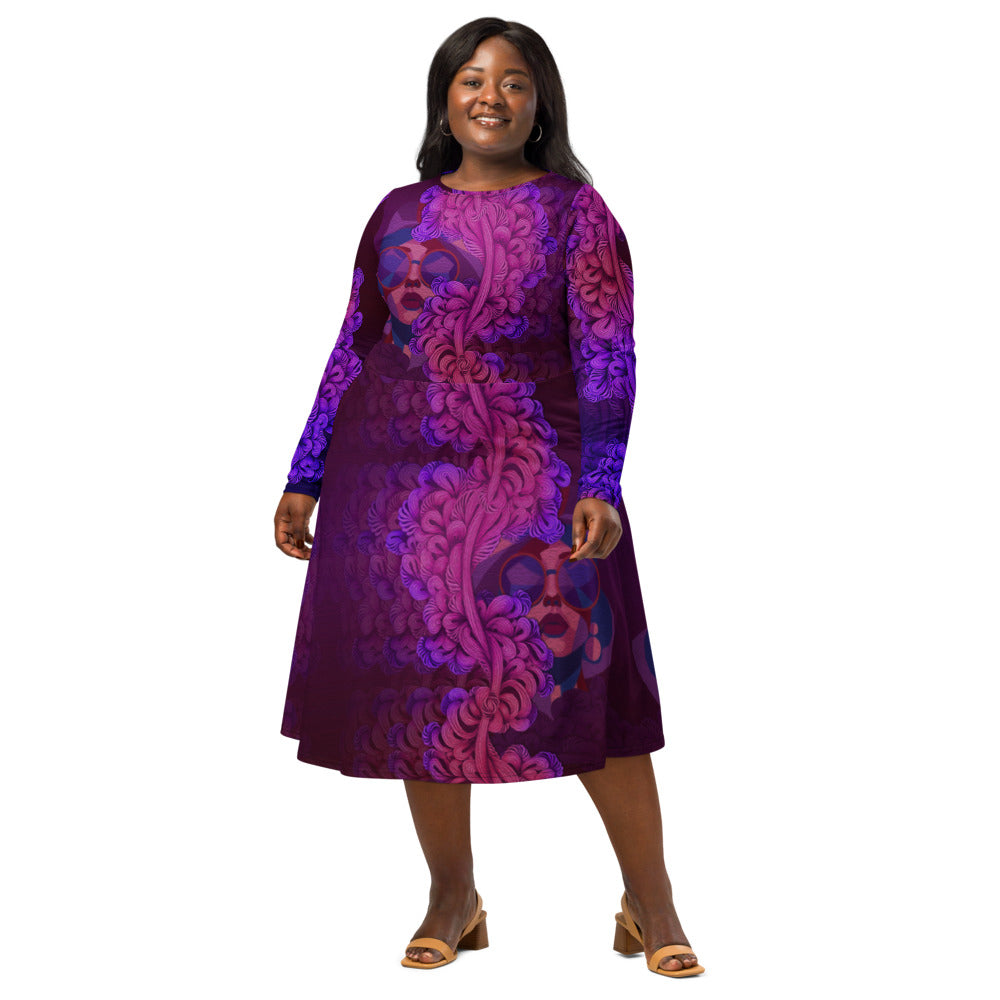 All-over print long sleeve midi dress Kn120Bkl1