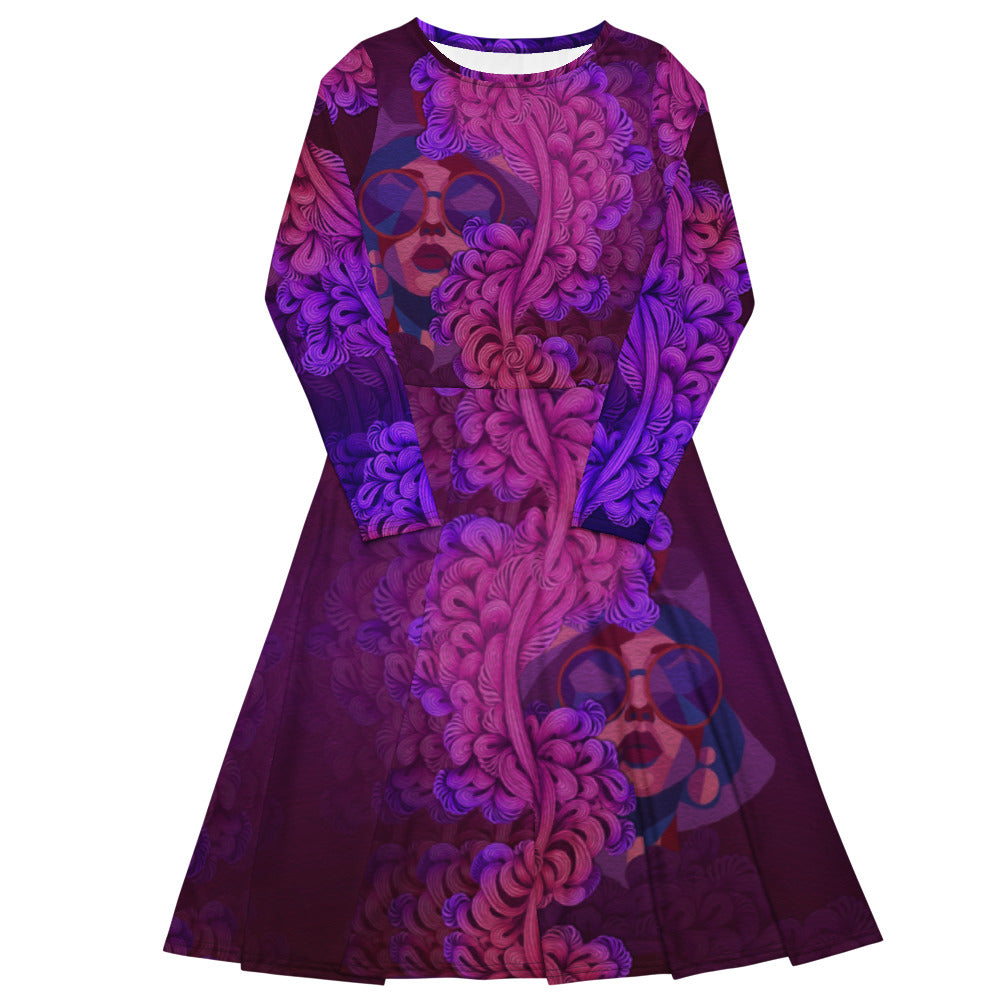 All-over print long sleeve midi dress Kn120Bkl1