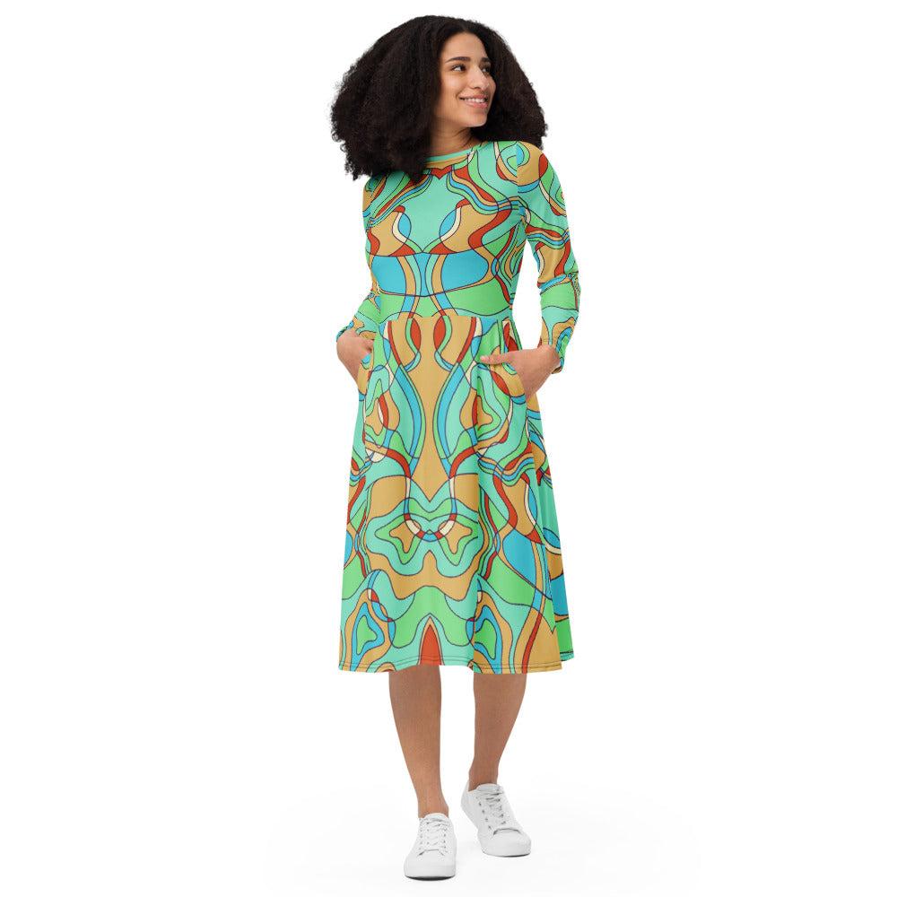 All-over print long sleeve midi dress 379kl2