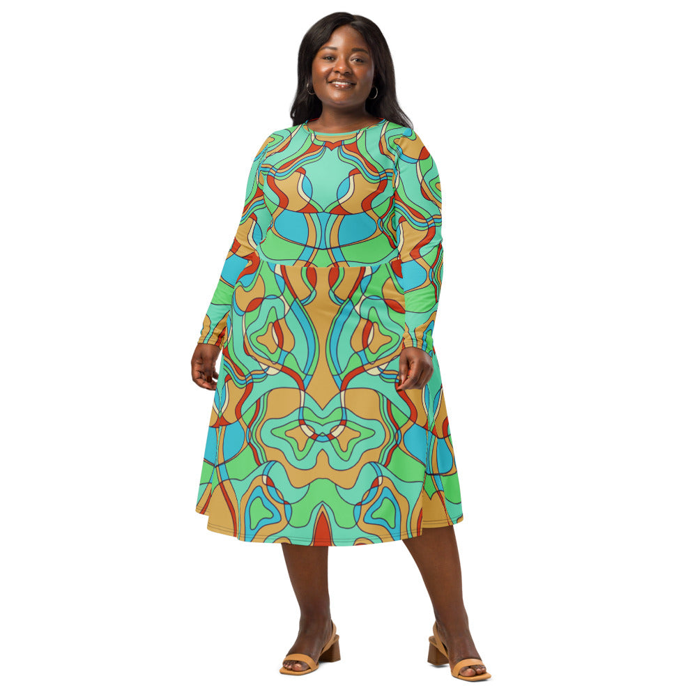 All-over print long sleeve midi dress 379kl2