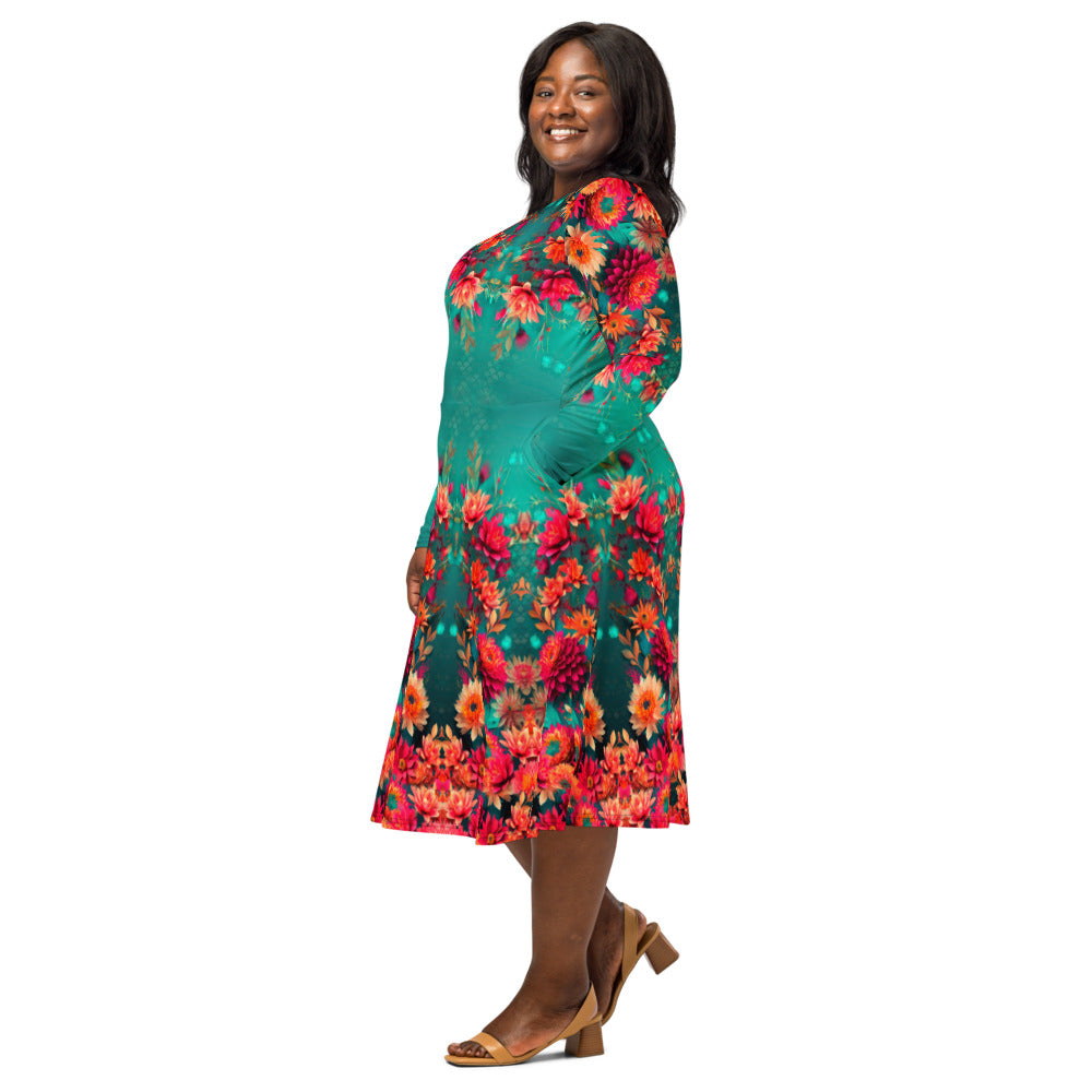 All-over print long sleeve midi dress  360kl1b