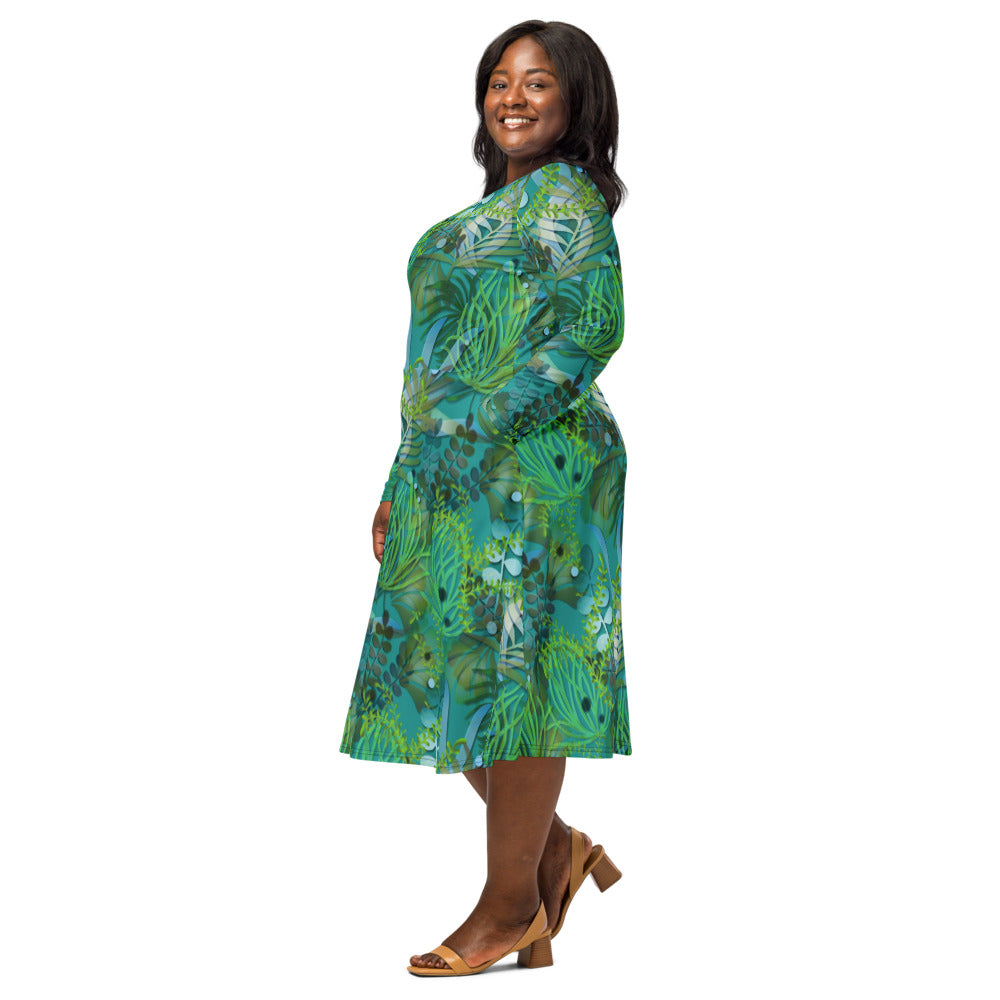 All-over print long sleeve midi dress 366Bkl1