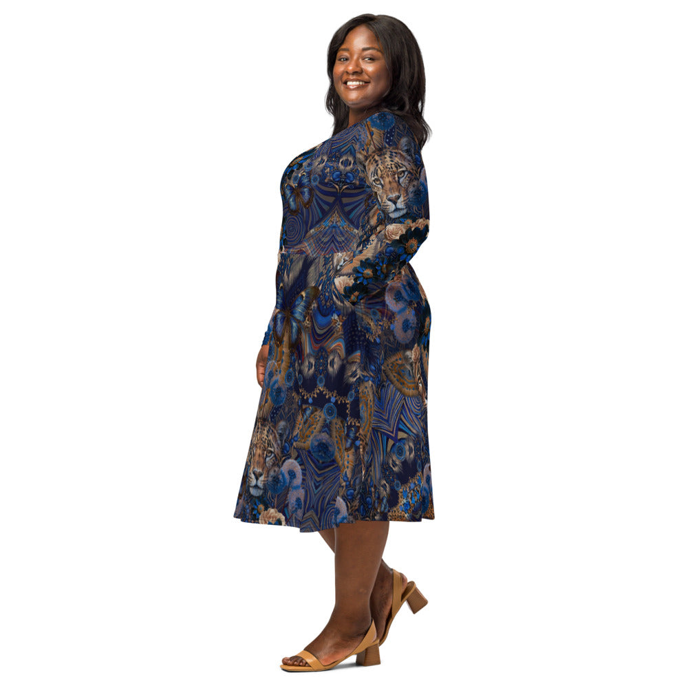 All-over print long sleeve midi dress 156D3C