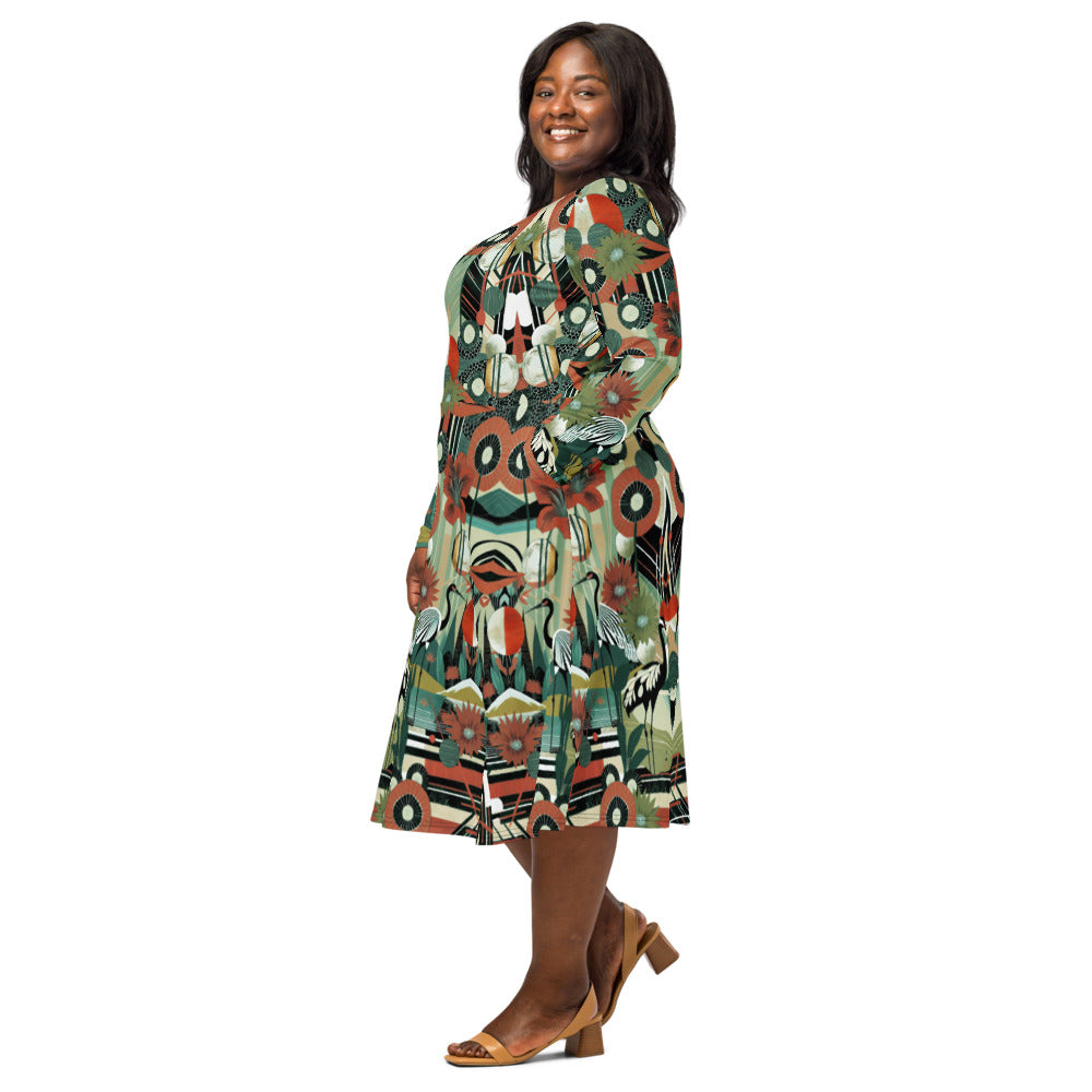 All-over print long sleeve midi dress 45oudCkl4