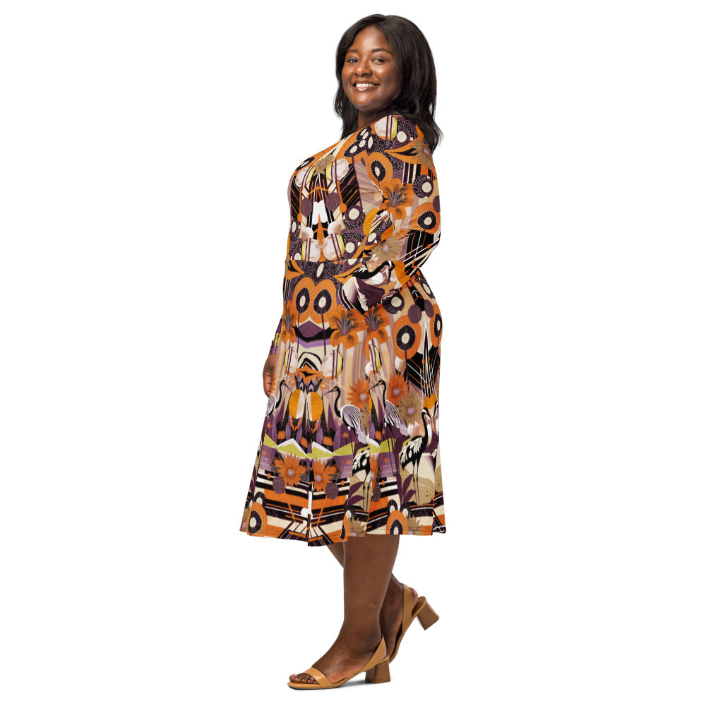 All-over print long sleeve midi dress 45oudCkl2