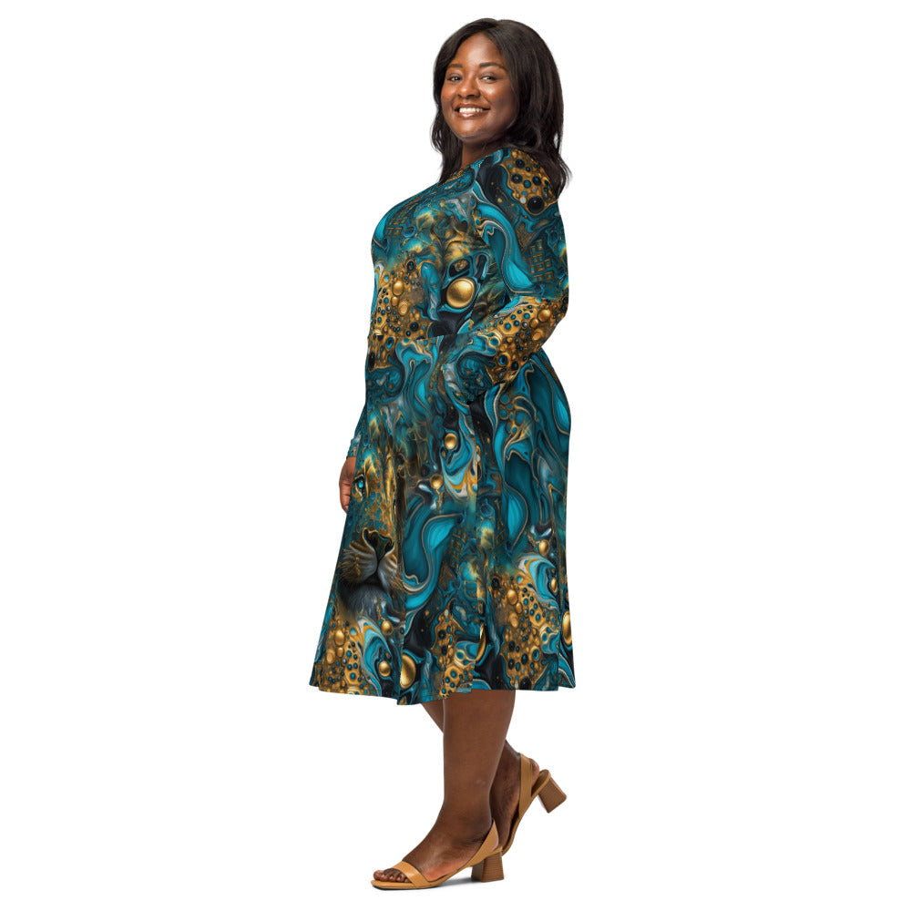 All-over print long sleeve midi dress 368Bkl1