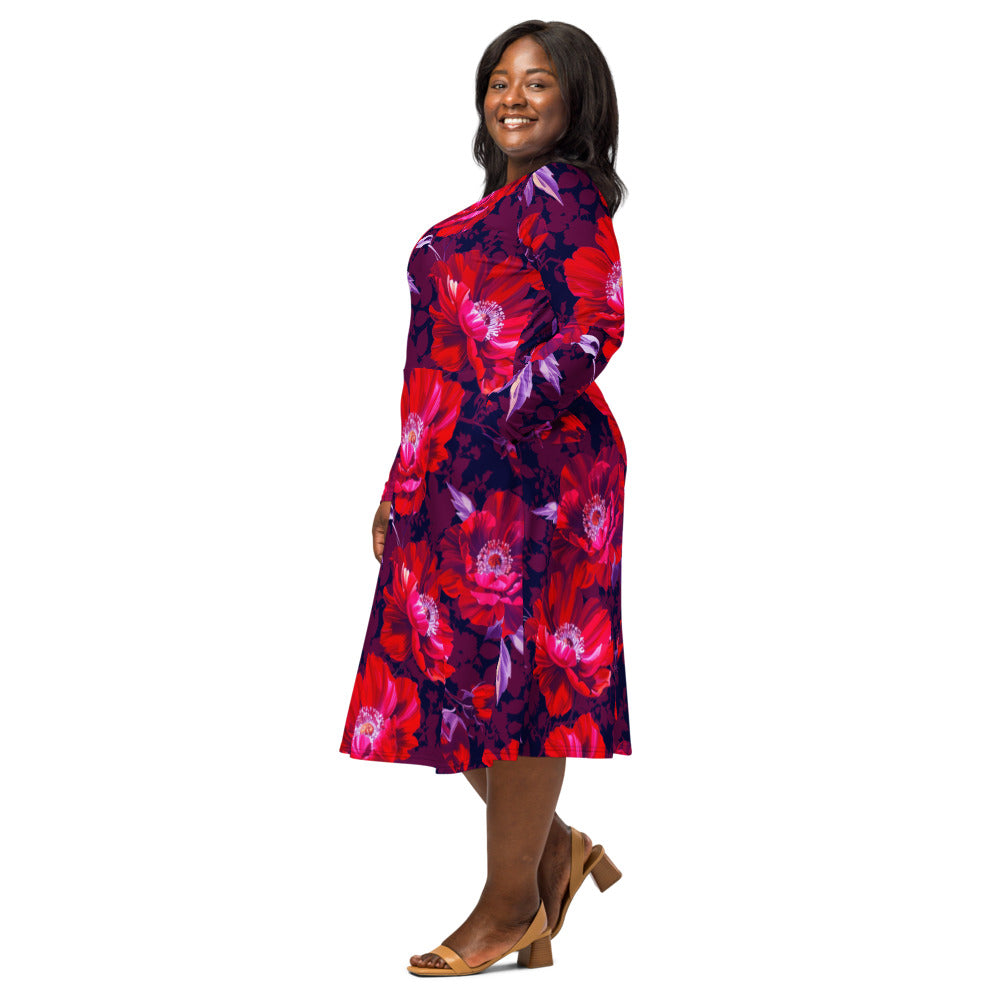 All-over print long sleeve midi dress 371Bkl2