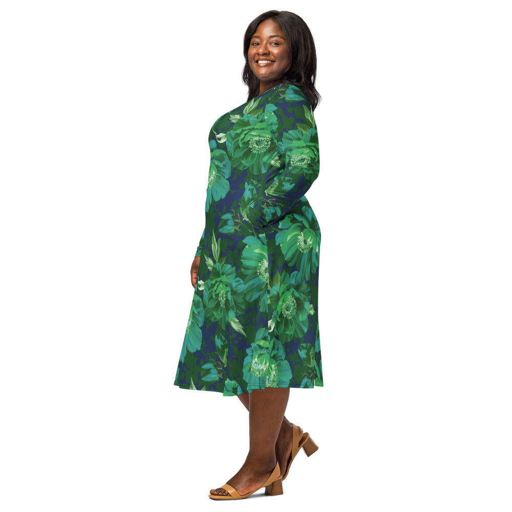 All-over print long sleeve midi dress 371Bkl3