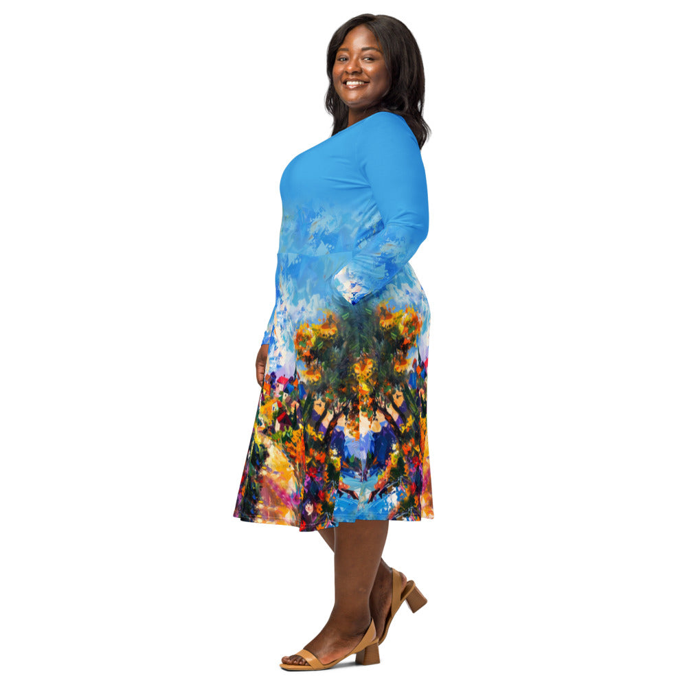 All-over print long sleeve midi dress 374Ckl1