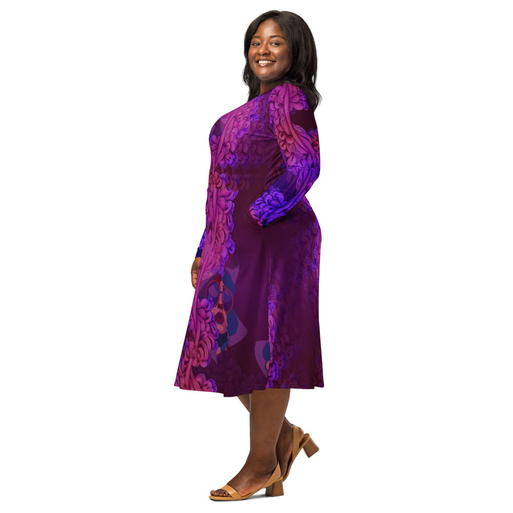All-over print long sleeve midi dress Kn120Bkl1