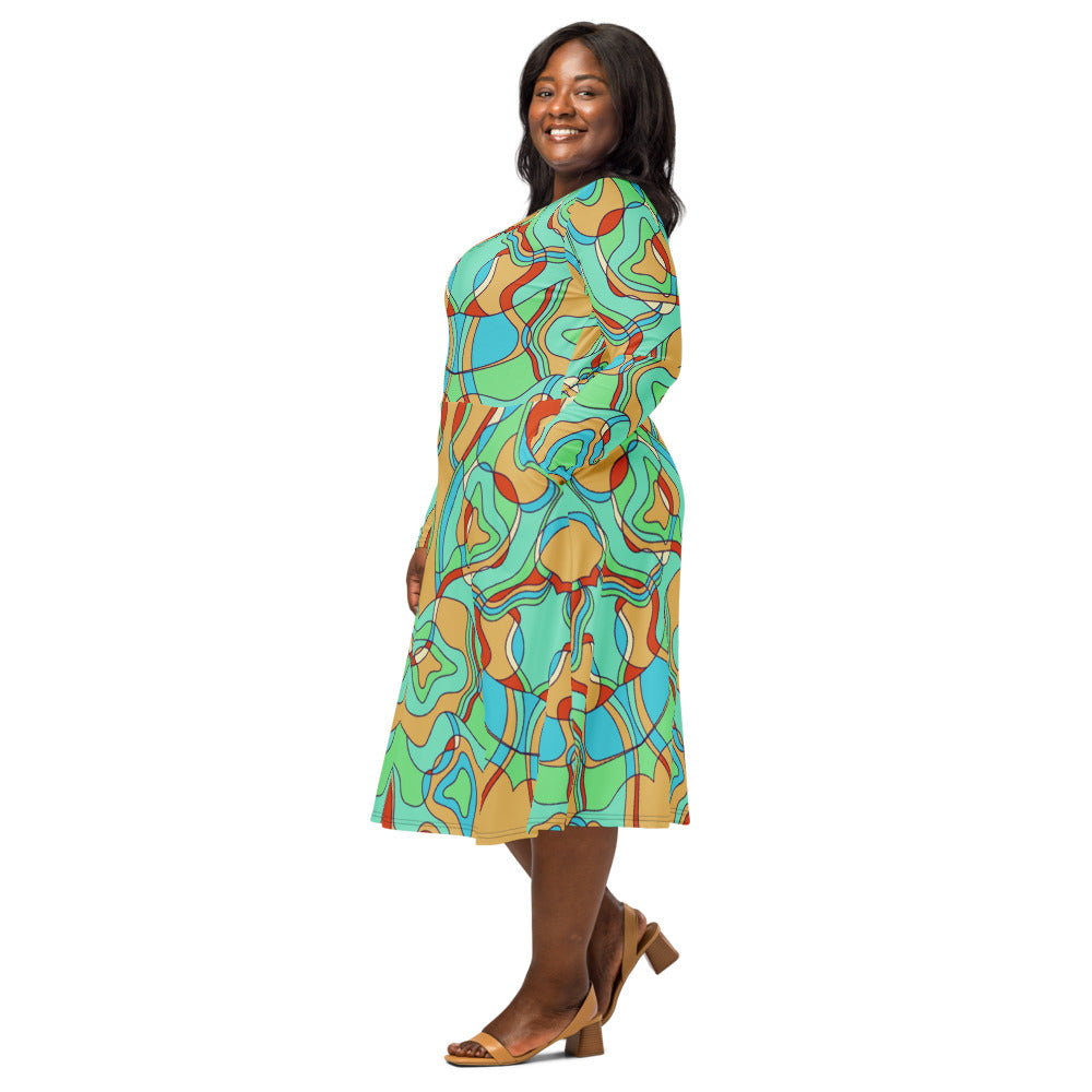 All-over print long sleeve midi dress 379kl2