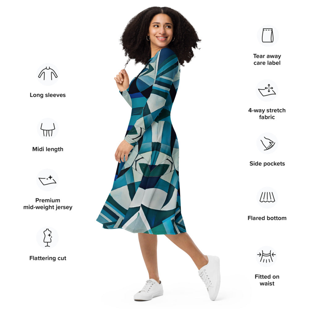 All-over print long sleeve midi dress 212