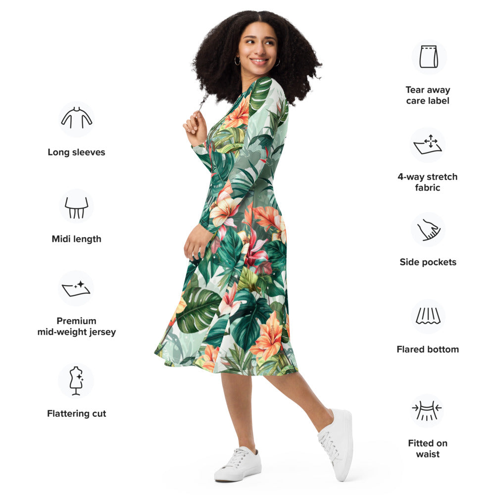 All-over print long sleeve midi dress 241B