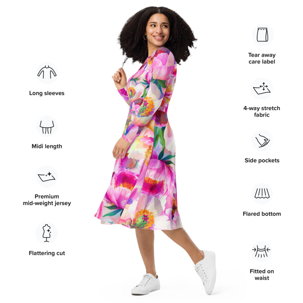 All-over print long sleeve midi dress 266D