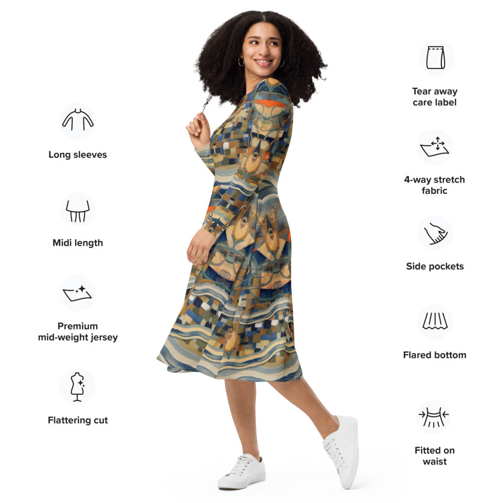 All-over print long sleeve midi dress 276C