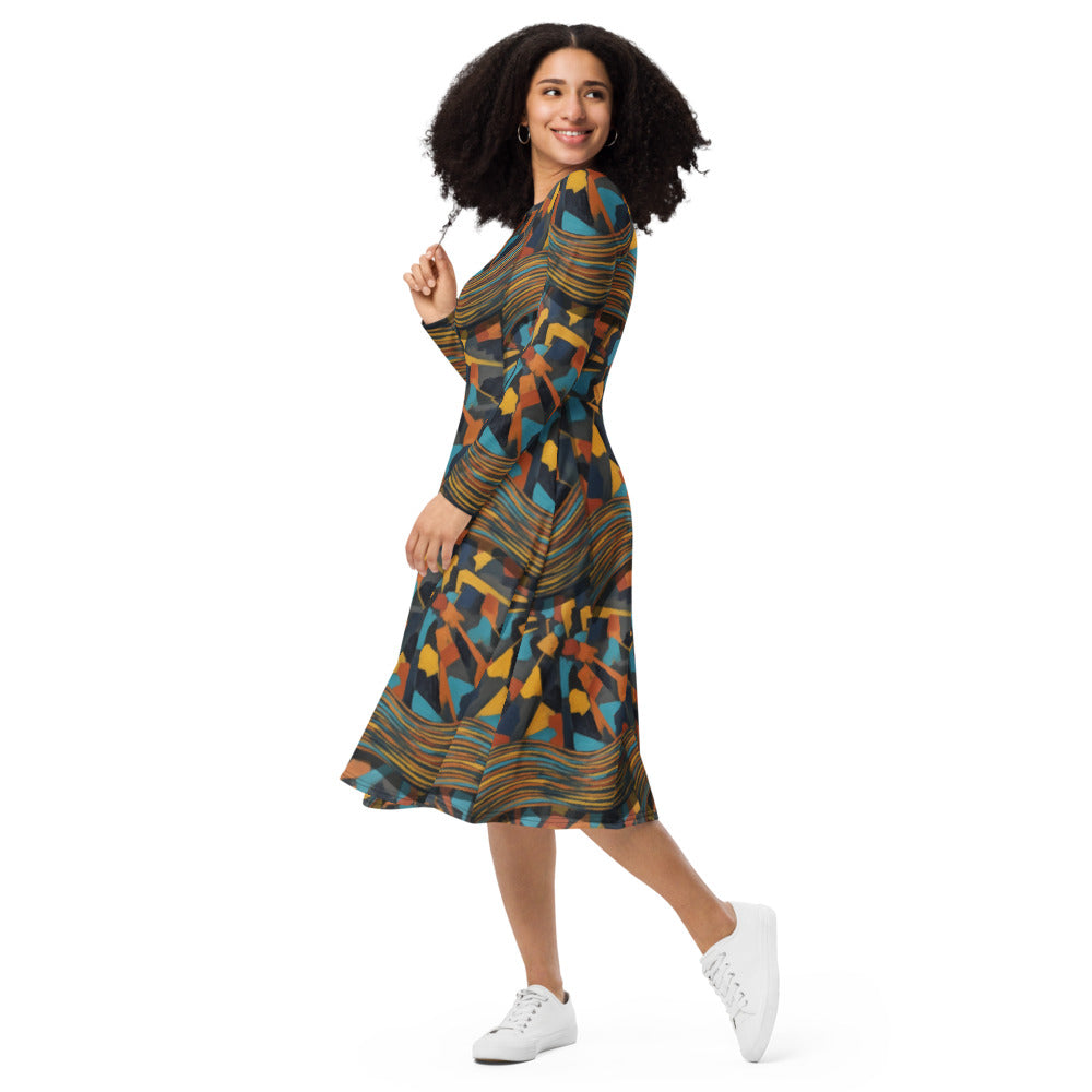 All-over print long sleeve midi dress 277