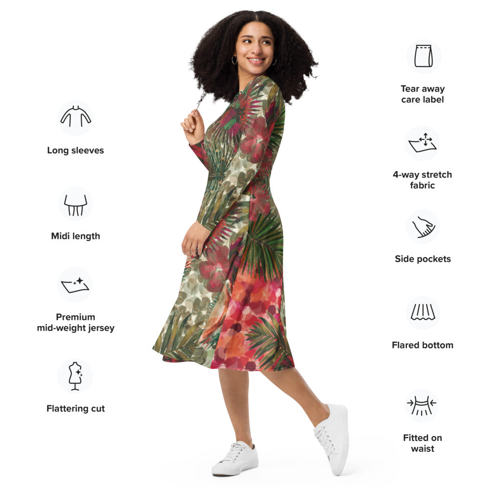 All-over print long sleeve midi dress 289