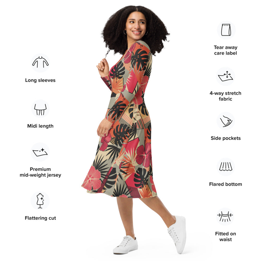 All-over print long sleeve midi dress 302kl1