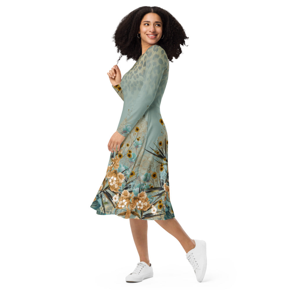 All-over print long sleeve midi dress tijger flowers