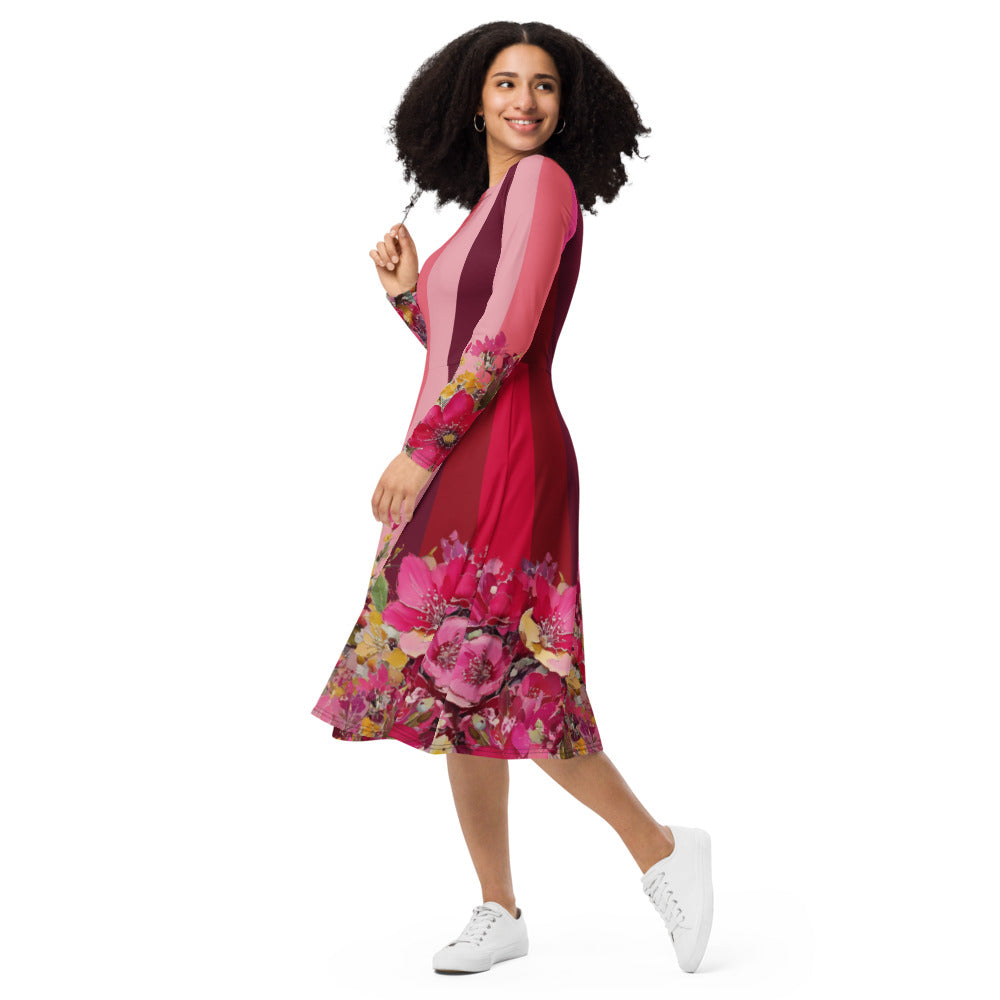 All-over print long sleeve midi dress 318C