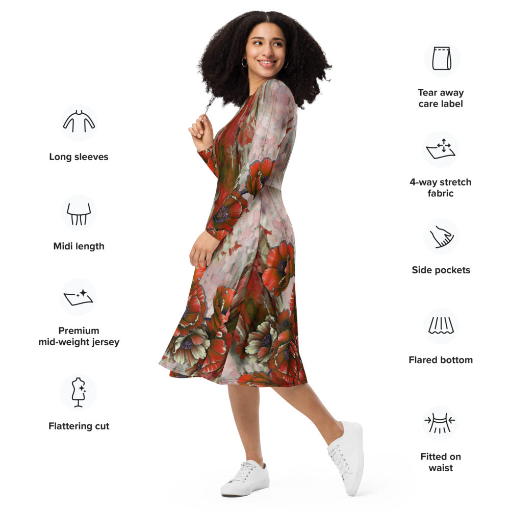 All-over print long sleeve midi dress 317Fkl2